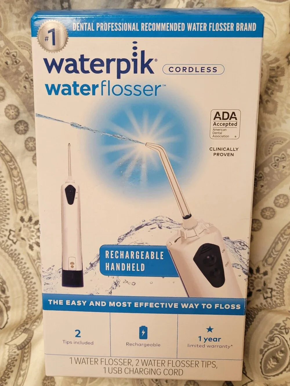 WATERPIK WATER FLOSSER WP-360W Cordless USB Rechargeable 2 Jet Tips White READ